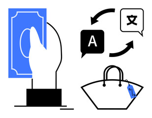 Hand holding money, translation exchange symbols, shopping bag with price tag. Ideal for finance, e-commerce, translation services, international trade, currency exchange, consumer behavior retail