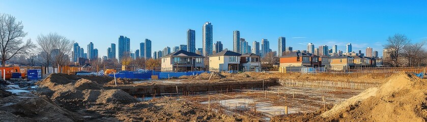 Fototapeta premium Foundation work at a suburban construction site for new family homes in progress under a clear blue sky.