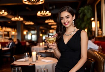 beautiful woman in black dress drinking cocktail in restaurant