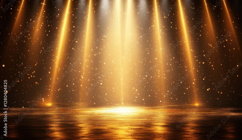 Poster glimmering stage with golden light rays and sparkling background for captivating performances and dr