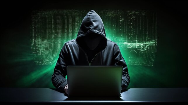 Hooded hacker working on a laptop with green digital code in the background, cyber attack concept background. 