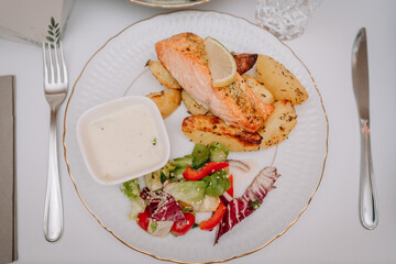 A plated meal featuring grilled salmon with lemon, roasted potatoes, fresh salad, and a side of creamy sauce, served on an elegant white dish..