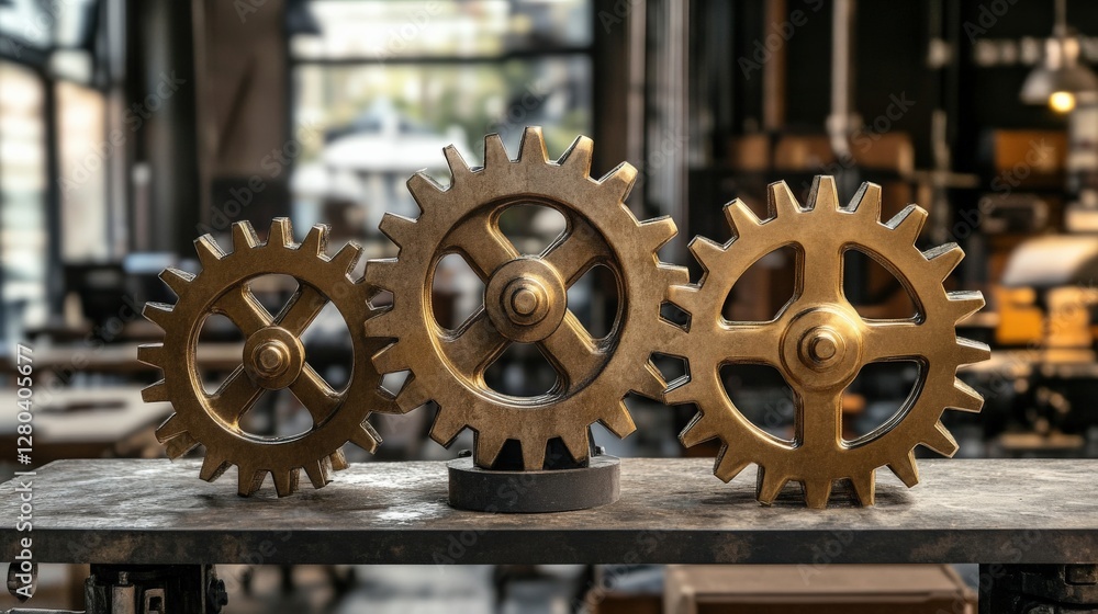 Poster close-up of three golden gears on a workbench in a workshop, showcasing craftsmanship and design