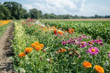 A vibrant field of colorful flowers in full bloom under a summer sky, buzzing with honeybees, with green fields and trees in the background, beautiful nature.