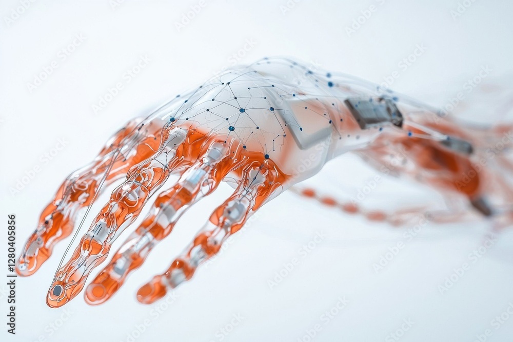Poster a futuristic robotic hand with a translucent exterior and internal network, highlighting advanced te