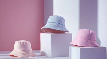 Trendy bucket hat in pastel tones displayed on a clean stand