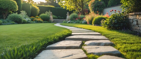 Obraz premium Freshly manicured lawn with stone pathway in garden.