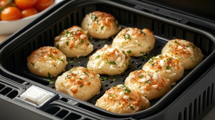 Freshly baked savory rolls topped with herbs and garlic in an air fryer, with cherry tomatoes in background