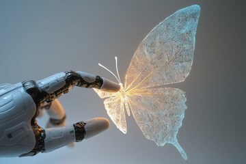 A futuristic robot hand gently touching a glowing, intricate butterfly, symbolizing the connection between technology and nature, artificial intelligence and delicate beauty.