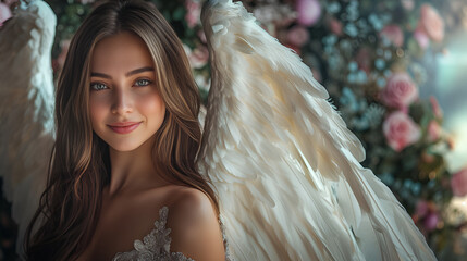 a beautiful woman with wings, pale skin, angel face