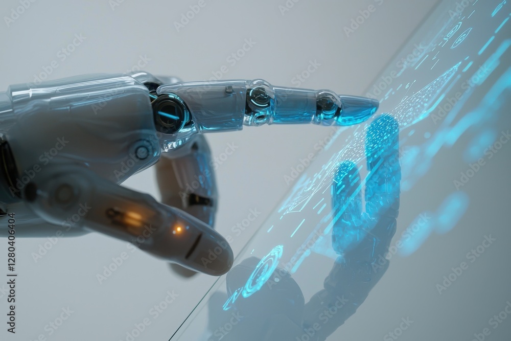 Poster advanced robotic hand interacts with holographic display, depicting artificial intelligence and cutt