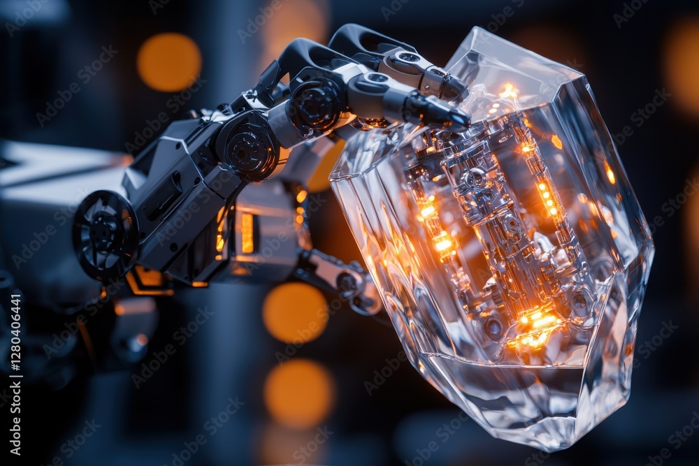 Poster a robotic arm holding a transparent crystal cube with glowing internal components, showcasing advanc