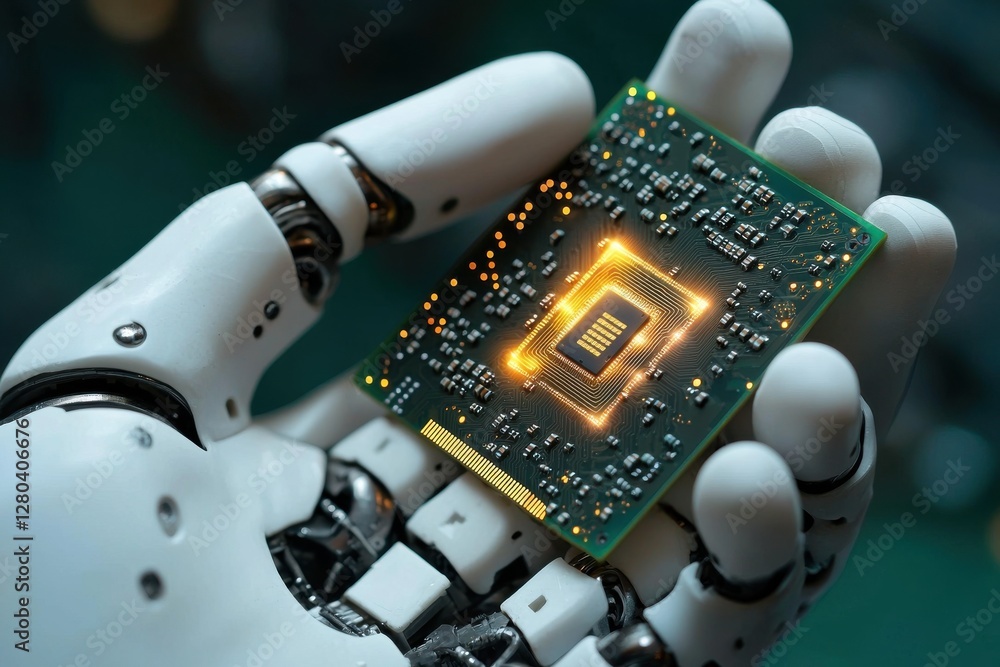Poster a robotic hand carefully holding a glowing microchip, symbolizing the fusion of technology and artif