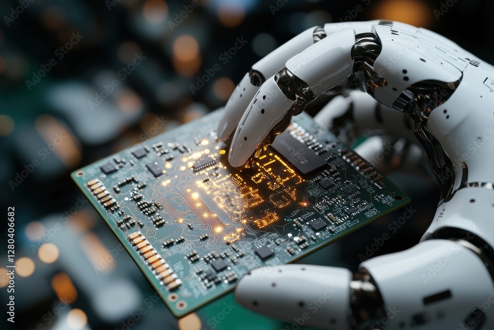 Poster a futuristic robot hand precisely manipulating a high-tech circuit board, signifying the integration
