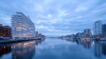 Naklejka premium Modern residential buildings reflect on the calm surface of a city river during blue hour twilight.