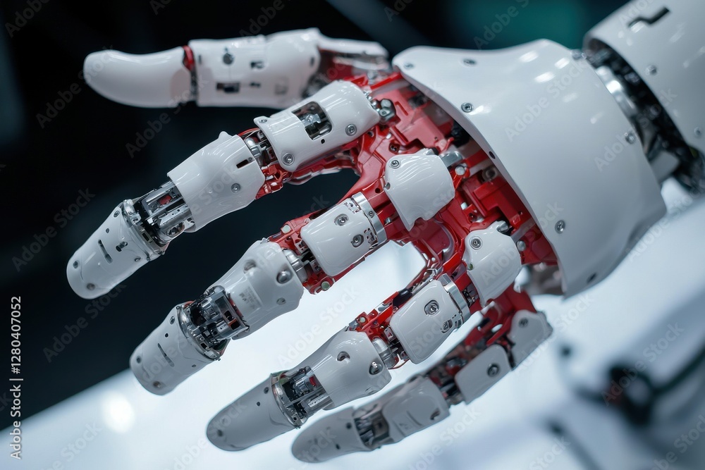 Poster close-up shot of a detailed robot hand with visible mechanics, showcasing advanced technology and pr