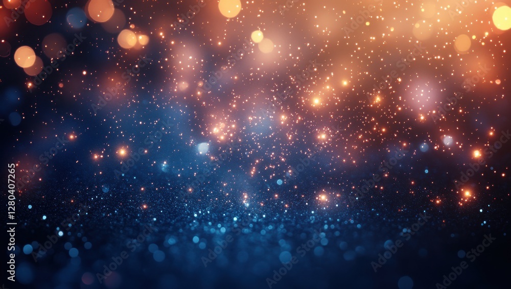 Poster glowing dots of light in orange and blue gradient background sparkling with glittering effects for a