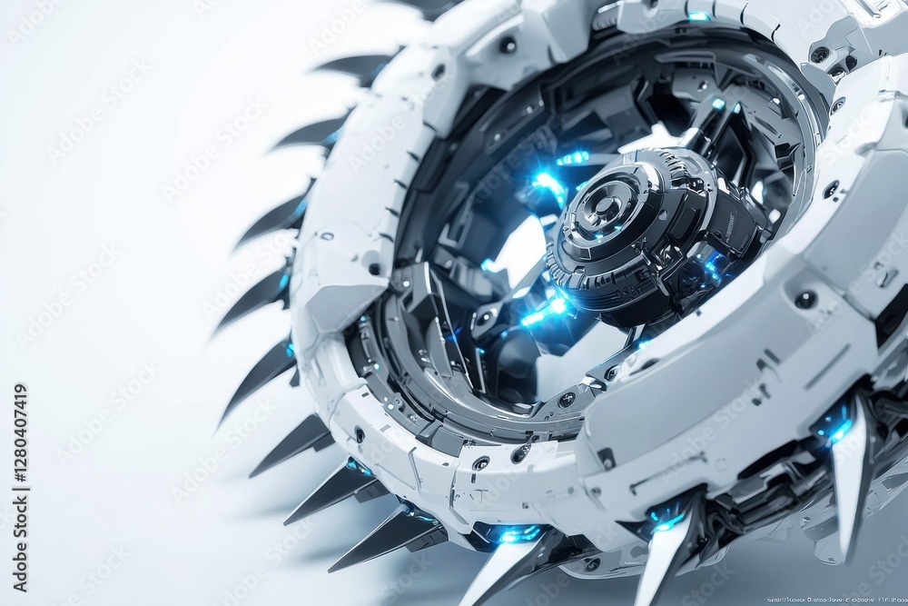 Poster close-up shot of a futuristic, technologically advanced device with intricate details and bright blu