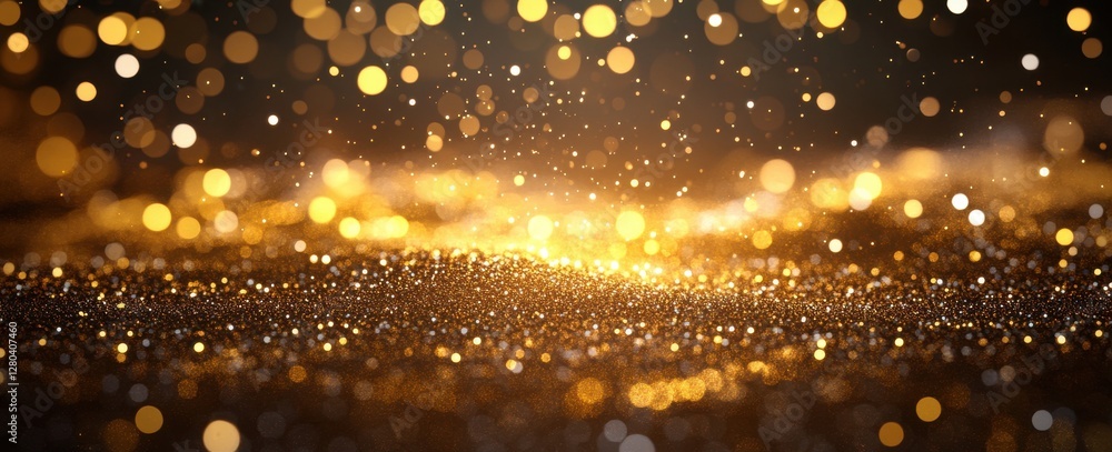 Poster glowing golden particles creating a magical and dreamy atmosphere with a soft focus on a blurred bac