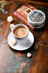 Cup of coffee on wooden background. Soft focus. Copy space	
