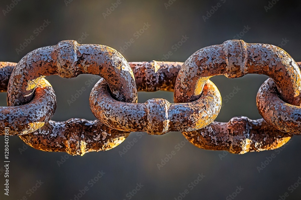 Poster a close-up of a rusty chain, showcasing the intricate textures and patterns of corrosion, highlighti