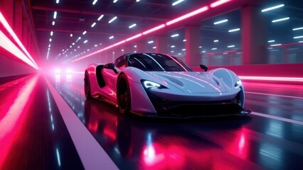 A sleek, futuristic sports car driving through a neon-lit tunnel with vibrant pink and blue lights reflecting off its surface.