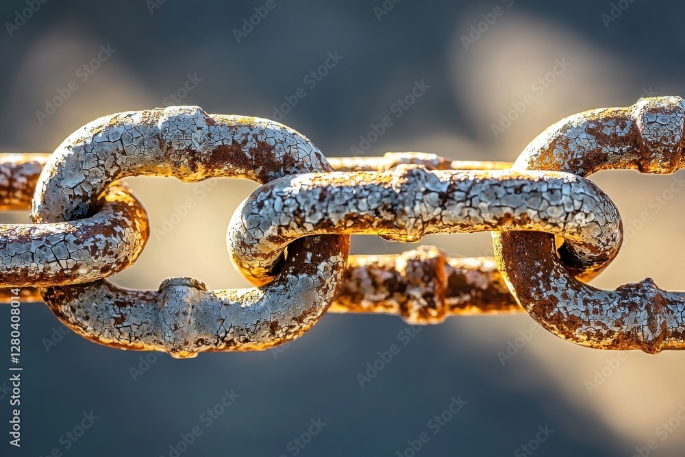 Poster a macro shot of weathered chain links showcases corrosion and intricate textures against a blurred b