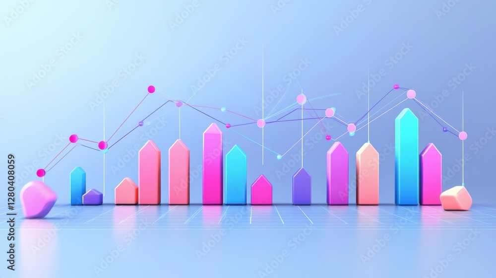 Poster colorful 3d bar graph and line chart illustrating data trends on a blue background