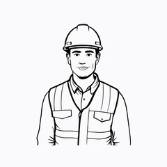 Smiling construction worker in hard hat and reflective vest looking at the camera, clean black line illustration. Concept: labor force, industrial safety, workforce visuals.