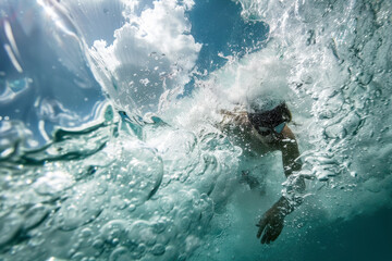 Man Diving Into Ocean. Extreme Water Sport and Summer Adventure