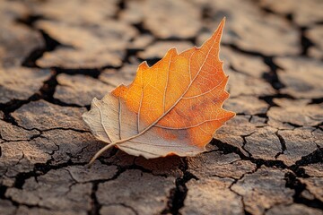 Close-up of an autumn leaf on cracked earth symbolizing drought, climate change, and environmental issues, highlighting the beauty and fragility of nature.