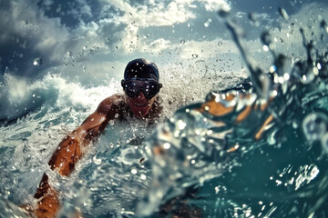 Man Diving Into Ocean. Extreme Water Sport and Summer Adventure