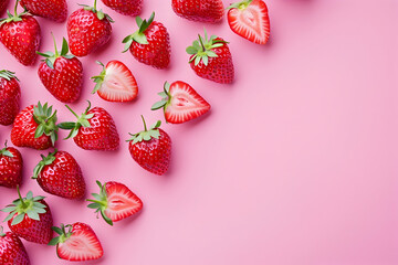 Photo Strawberries Pink Background Fruit Red Sweet Dessert Summer Healthy Fresh Vitamin Food Delicious Ripe Juicy Green
