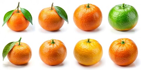 A row of oranges and a lime are shown in various stages of ripeness. The oranges are all different sizes and colors, with some being green and others being orange