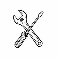Crossed wrench and screwdriver sketch with barcode detail. Hand-drawn style tools create industrial feel. Concept: hardware store, repair service, DIY center.