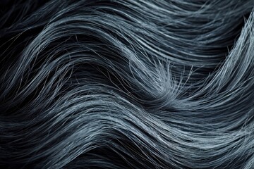 An abstract macro shot of flowing silver and gray hair strands, creating a mesmerizing wave-like pattern against a dark backdrop, capturing depth and texture.