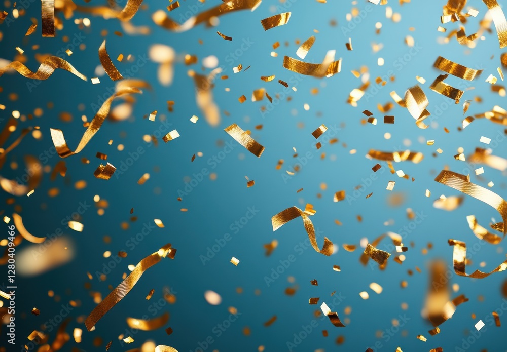 Poster golden confetti falling from above with a beautiful blue background creating a festive and celebrato