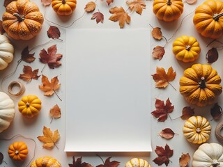 Blank White Paper Surrounded by Autumn Decorations and Pumpkins.