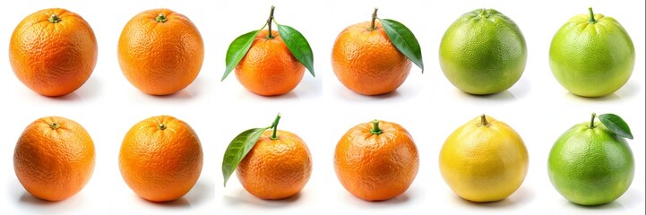 A row of oranges and green fruit with a leaf on top. The oranges are all different sizes and colors