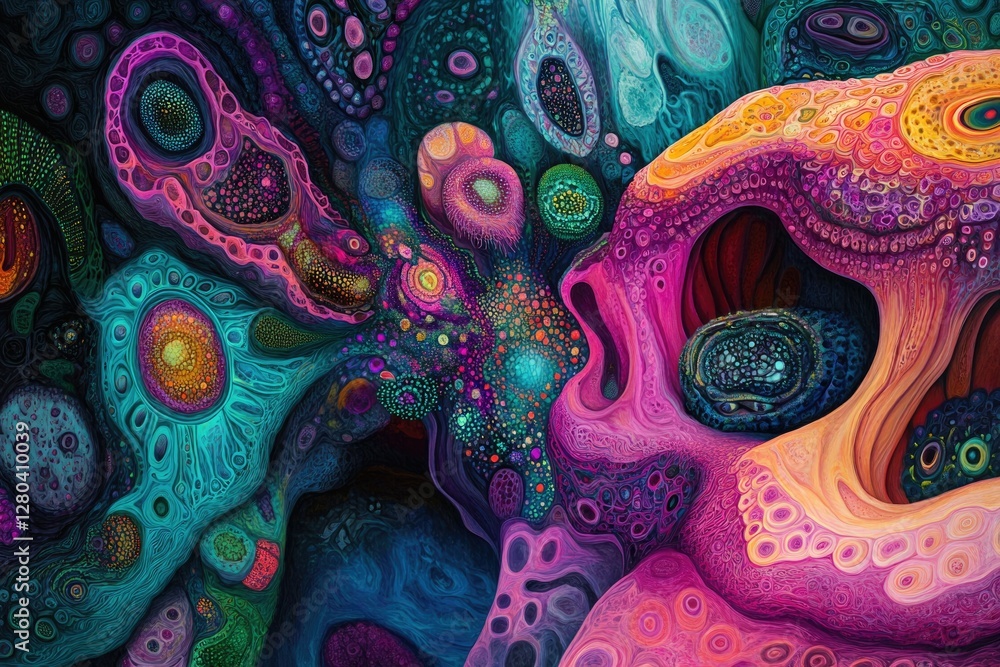 Poster psychedelic abstract art depicting vibrant, organic forms resembling a cellular or microscopic lands