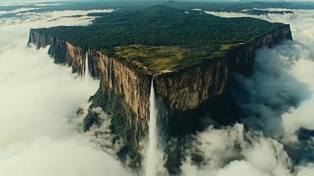 Spectacular tepui landscape with cascading waterfalls in ethereal cloudscape