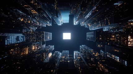 Night view of a dark city skyline with numerous tall buildings illuminated by lights