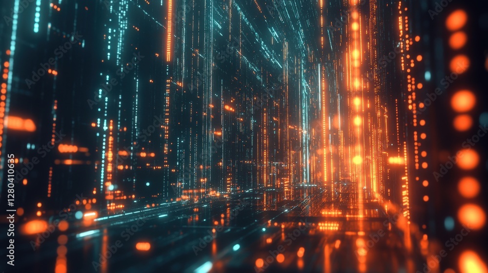 Poster futuristic digital tunnel with glowing blue and orange data streams creating a vibrant atmosphere