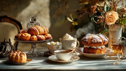 Gourmet coffee and pastries arranged for an upscale food advertisement with elegant styling 