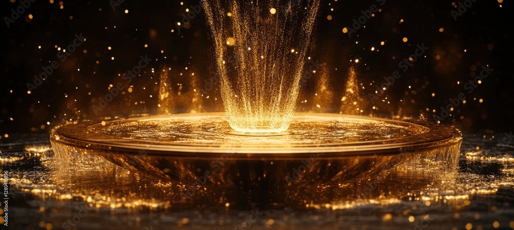 Poster golden fountain with shimmering water jets and sparkling particles on a dark background creating a m