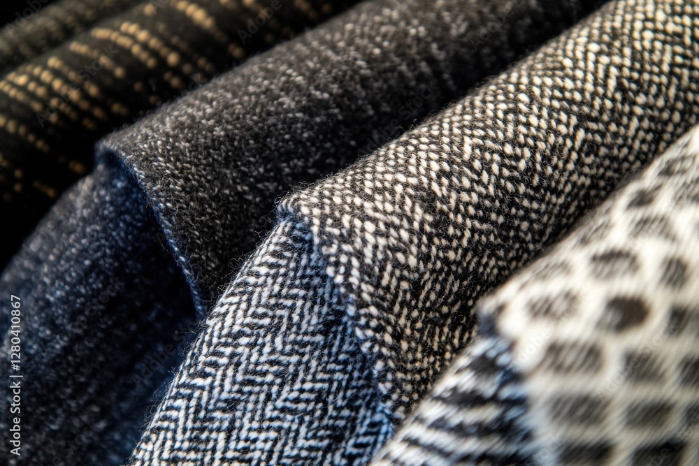 Poster close-up showcasing a variety of textured wool fabrics with distinct patterns, emphasizing detail, t