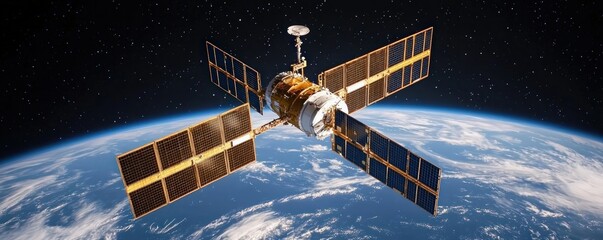 Obraz premium Detailed Satellite Orbiting Earth Against Dark Space Background Capturing Planet Atmosphere