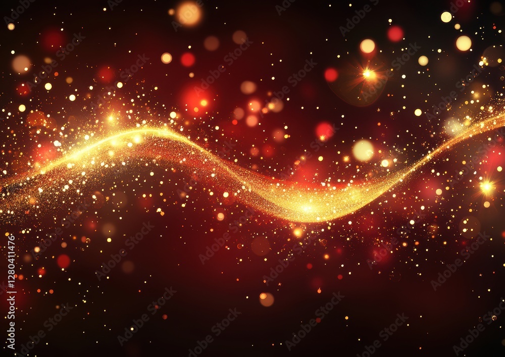 Poster golden glittering particles on dark background with soft light effects, creating a magical and dream