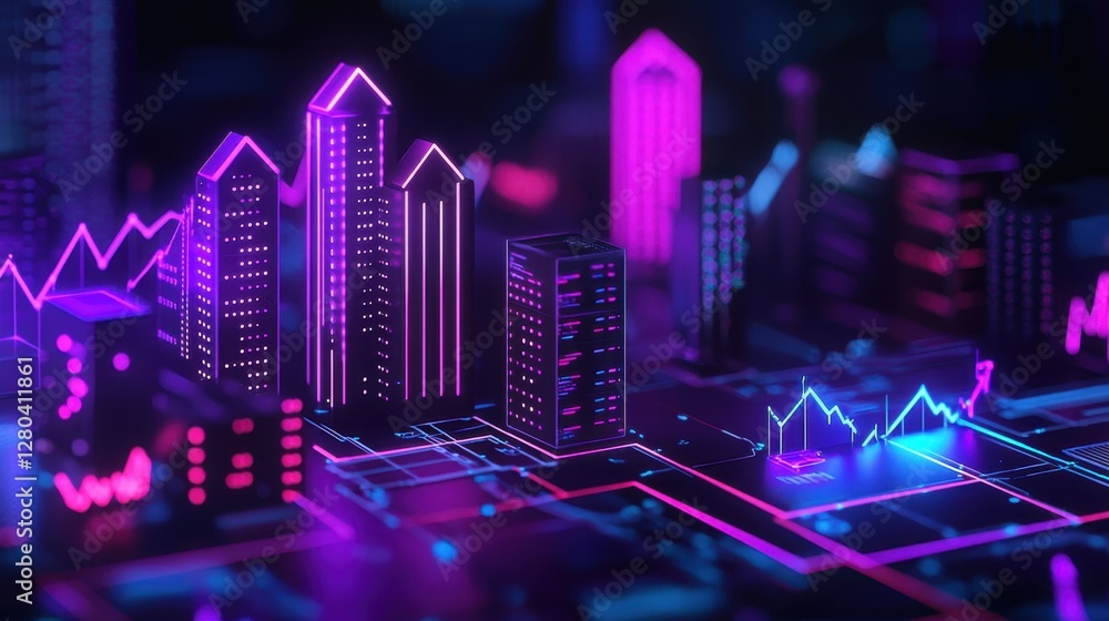 Poster neon cityscape visualization with graphs and data on digital grid reflecting modern urban lifestyle 