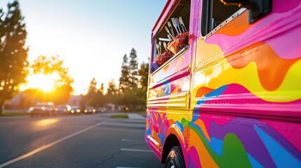 Obraz premium Colorful Food Truck Parked in Urban Setting During Vibrant Sunset in a City